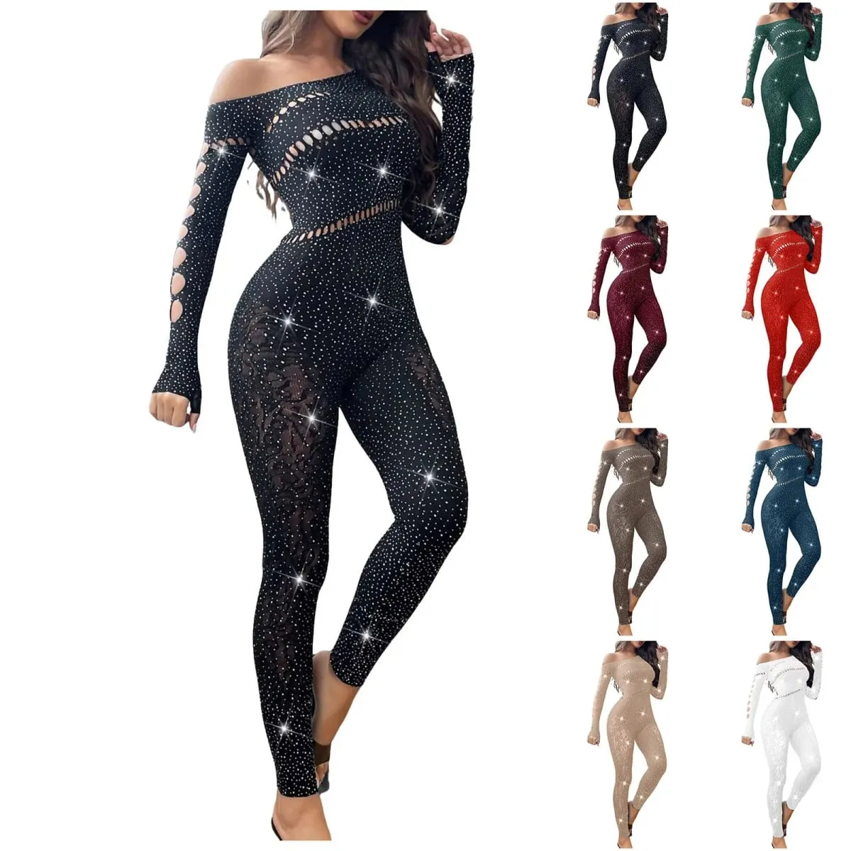 Kvinder Sexet Mesh Rhinestone Jumpsuit Langærmet Se Through High Stretch Body Strømper Jumpsuit Club Plus Size Stock Lingeri