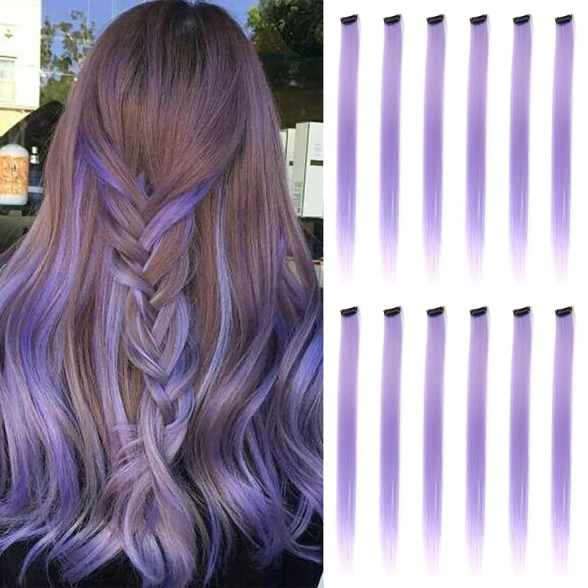Farbige Haarverlängerungen, lila Farbe, Clip-in-Haarverlängerung, 12 Stück, Highlight, buntes Haarteil, gerade synthetische Haarteile