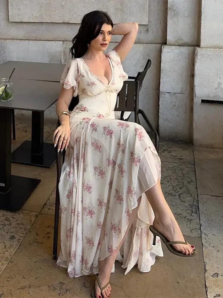 Floral Print Lace Trim Flutter Sleeve Maxi Dress Deep V-Neck High-Low Chiffon 2026 Summer Chic Romantic Women Feminine Gown — image 5