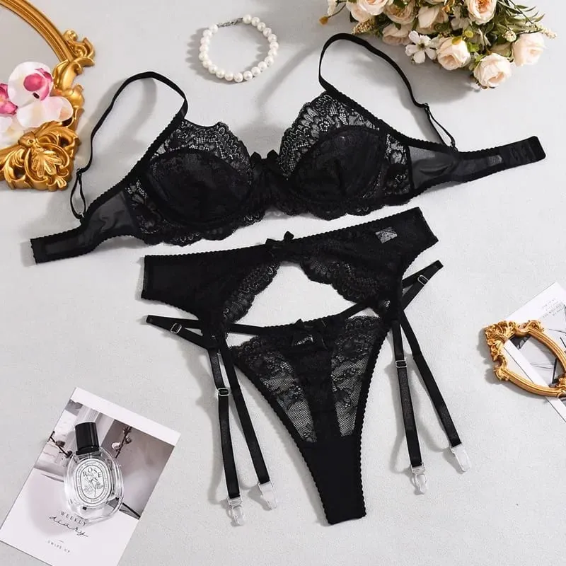 Elegant Women's Lingerie Sets Delicate Floral Embroidery Lace Bra Thong Garter Belts 3PC See Through Sexy Underwear Erotic Sets