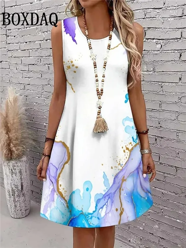 New 2026 Summer Dresses Women's Abstract Tie Dye 3D Print Dress Fashion Casual Sleeveless Beach Loose Short Dress Sundress Vest — image 3