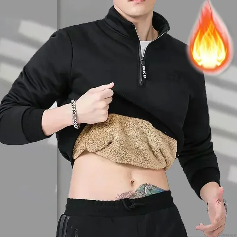 Winter Sweatshirt Men Long Sleeves Men Fleece Lined Warm Sweatshirt Pure Color Quarter Zip Sweatshirt Thicken Plus Size 8XL — image 1