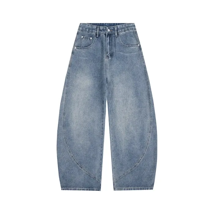 2026 Autumn Men Curved Seam Baggy Jeans Vintage Wash High Waist American Street Wide Leg Denim Pants