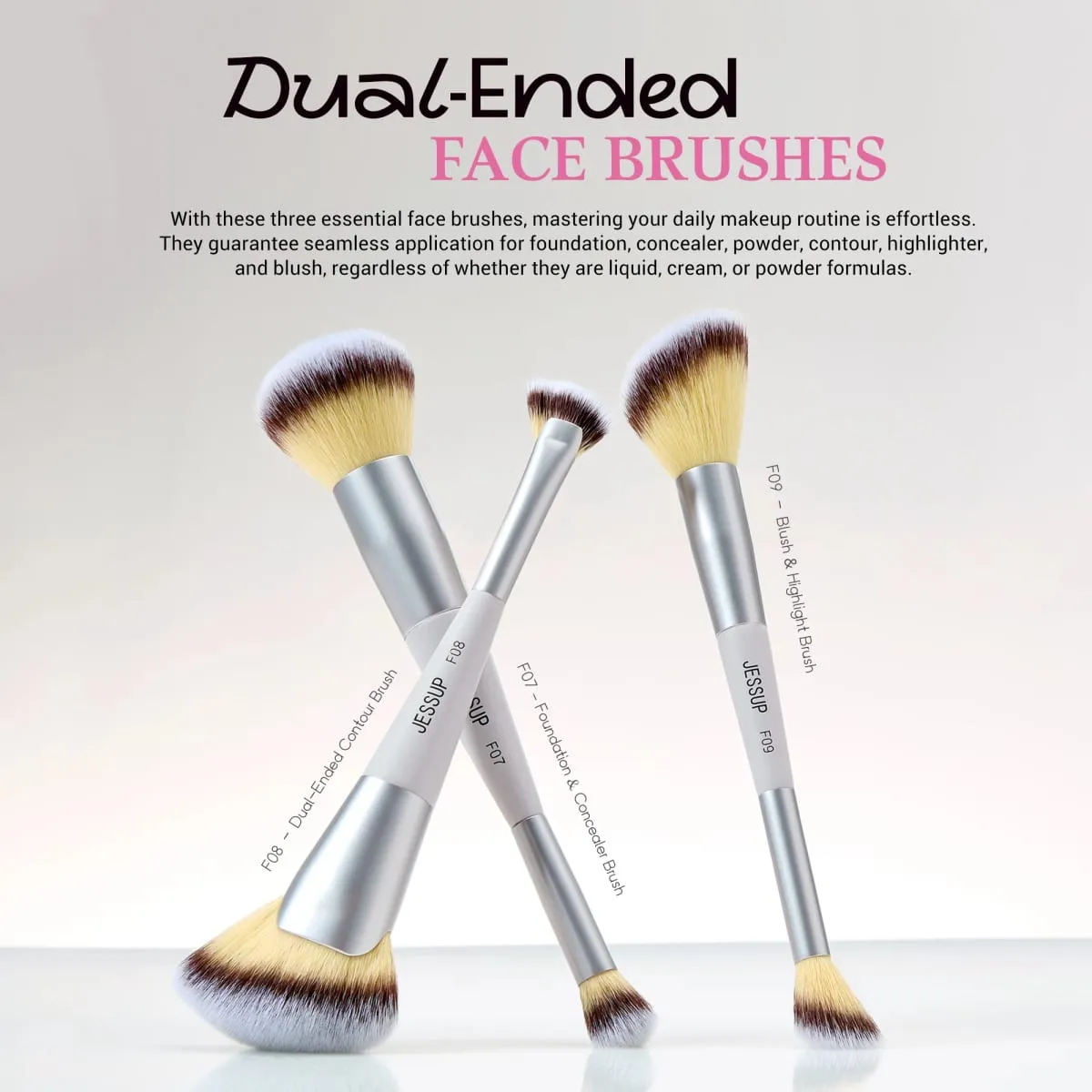 Jessup Makeup Brushes Set 3/7pcs Dual Ended Synthetic Foundation Blush Highlight Blending Eyebrow Brush na may Bag Tahimik na Grey T520 — image 4