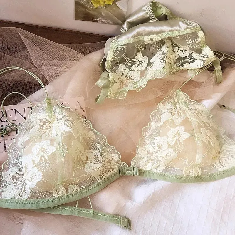 Ensemble de lingerie de niche française en maille brodée coupe triangle sans fil bralette rétro dentelle fine sexy soutien-gorge confortable USA Tushy MOYISU — image 2