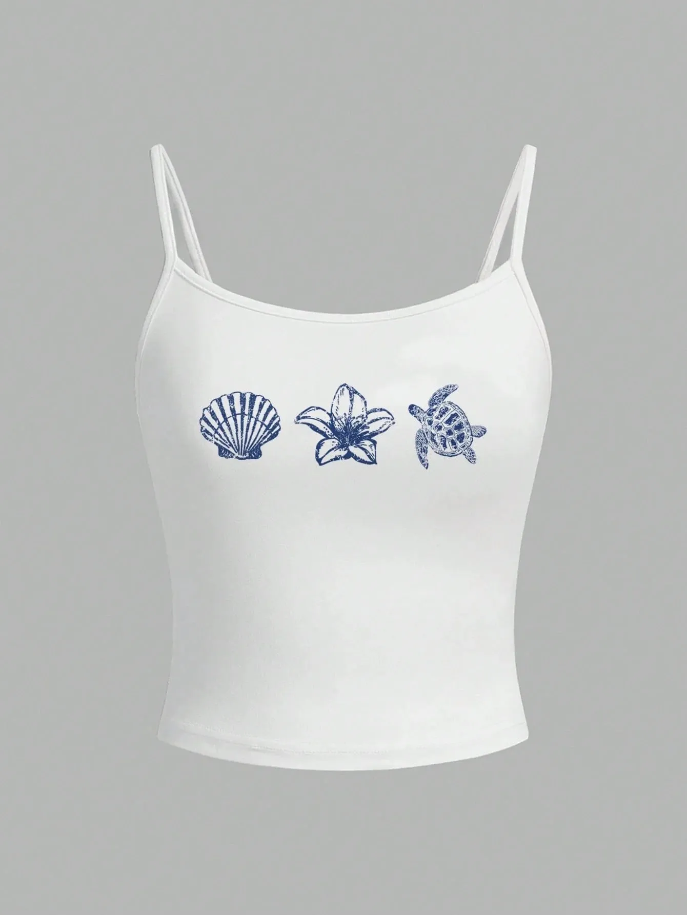 Shell & Flower Pattern White Sleeveless Crop Top White and Blue Summer CasualVacation Holiday Seashell Beach Tops Back To School