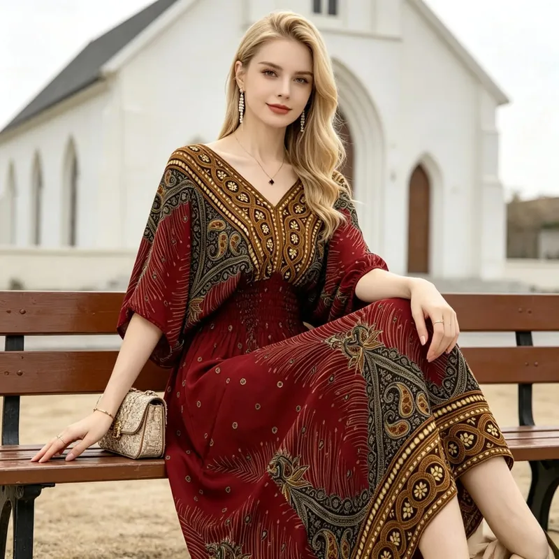 Boho Holiday Women V-Neck Batswing Short Sleeve A-Line Midi Dresses Slim Elastic Waist Casual Vintage Office Lady Elegance Dress — image 21