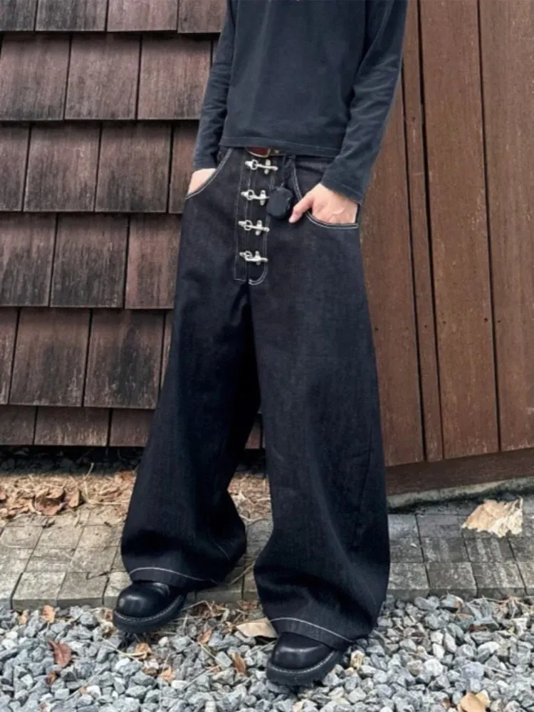Mens Jeans Harajuku American Vintage Streetwear Buckle Design Curved Denim Pants Loose Fit Wide Leg Silhouette Unisex Fashion — image 8