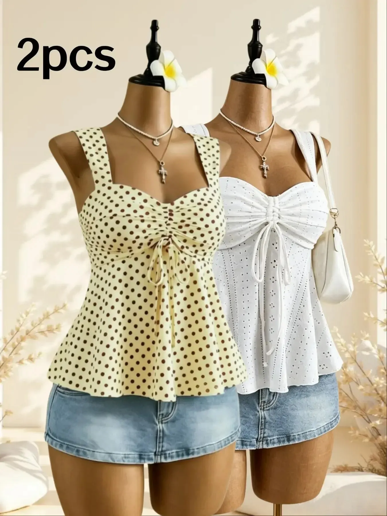 Women Sweetheart Neck Drawstring Ruched Peplum Cami Top Polka Dot Print Sleeveless Casual Camisole Outfit — image 16