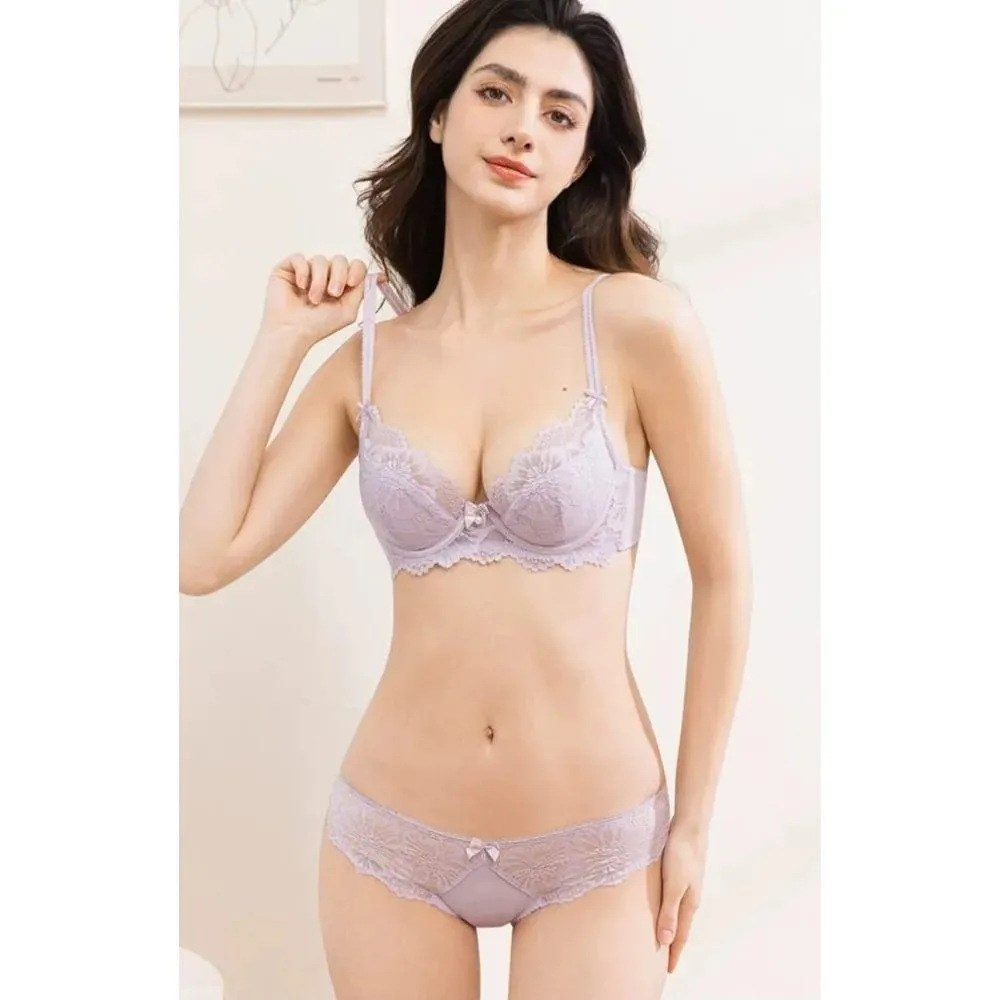 Summer Thin Lace Bra Set For Women Push‑Up Gather Side Fat Control Anti‑Sagging Sexy Soft Lingerie Underwear Kit