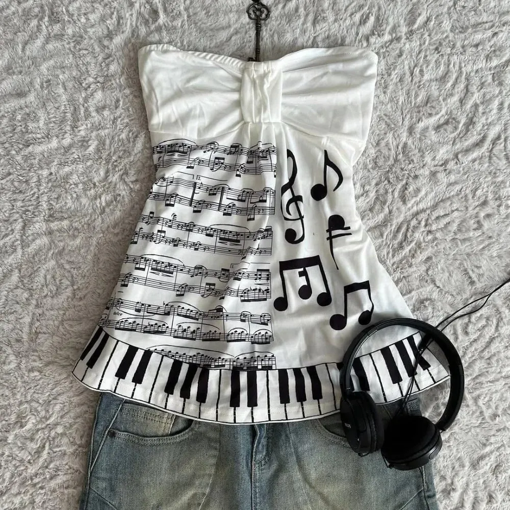Music Note Piano Key Print Halter Tops Women Y2K Sweet Gothic Strapless Vest Bow Front Ruffle Hem Camisole Fashion Streetwear