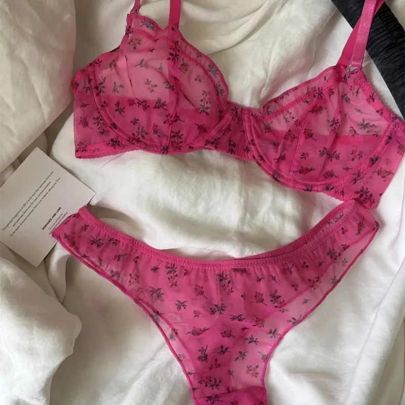 French Ultra Thin Lingerie Set Sexy Lace Floral Prints Bra Fashion Women Underwear Mesh Breathable Intimates Bras and Thong Sets — image 1