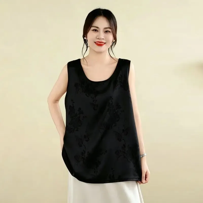New Chinese Style Jacquard Satin Tank Top Middle Aged Women Loose U Neck Sleeveless Blouse Elegant Acetate Vest For Moms