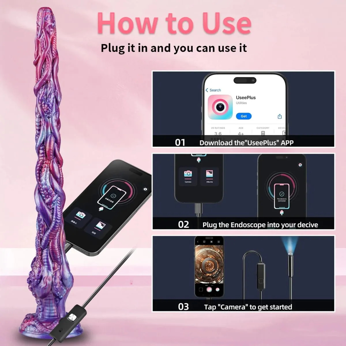 1080P HD Endoscope Camera Tentacle Dildo Octopus Anal Plug Spray Water Butt Plug Soft Silicone Adult Sex Toy for Women IP67