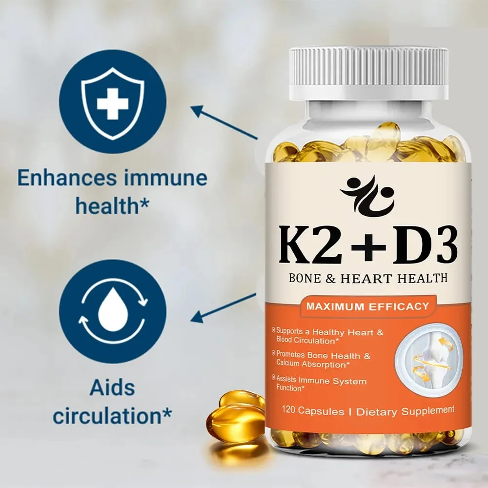 Vitamin D3 + K2 Capsules Support Calcium Absorption Bone & Joint Wellness Cardiovascular Function and Immune System Health
