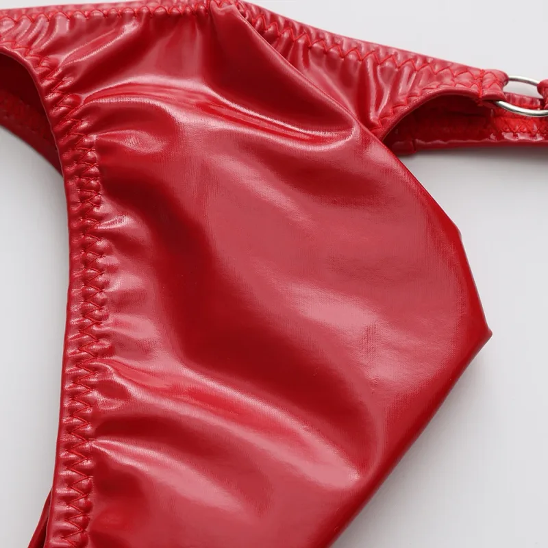 String en cuir brillant pour hommes, 1 pièce, avec anneau en métal, tongs, pochette bombée Gay, taille basse, sous-vêtements extensibles, exposant les fesses, Sexy