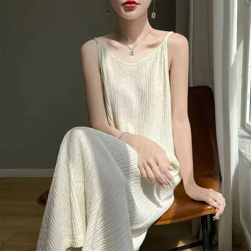 Women Spaghetti Strap Dress 2026 Summer Solid Color Loose Long Beach Sundress Lasy Elegant Sleeveless Evening Party Midi Dresses — image 3