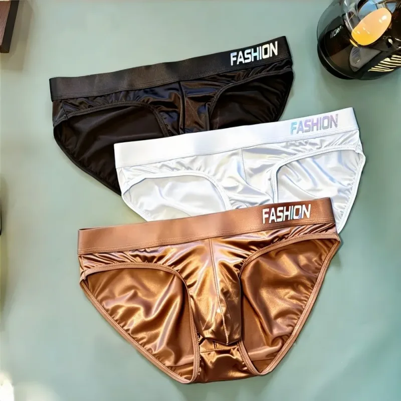 Underwear Men's Triangle Panties Low Waist Ultra Smooth Satin Silky Briefs Lingerie Gradient Letter Glossy Underpants Large Size — image 13
