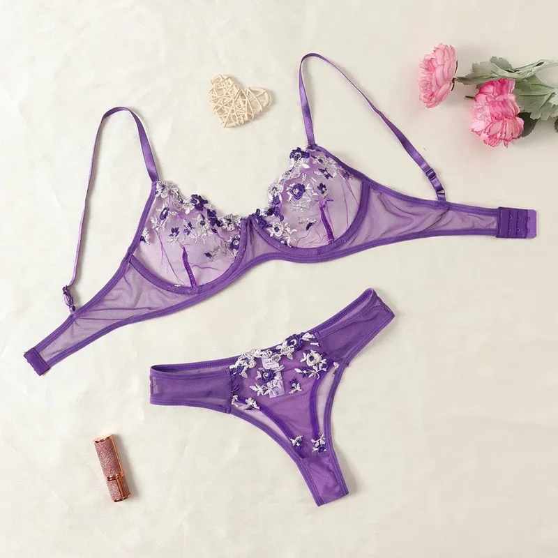 Purple Fancy Lingerie Set Women Embroidered Flower Bra and Panty Underwear Female Outfits — image 15