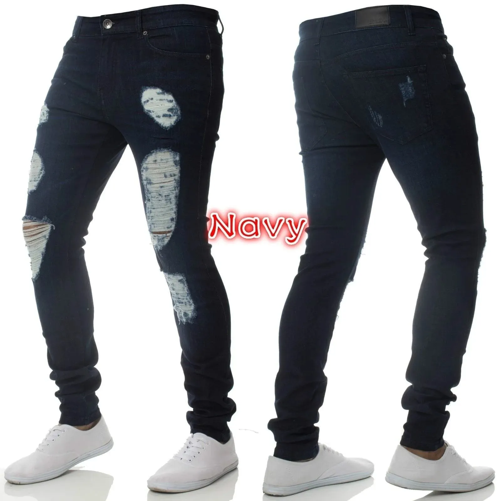 Men High Waist Black Ripped Skinny Jeans Fashion Hole Design Trendy Casual Denim Long Trousers — image 4