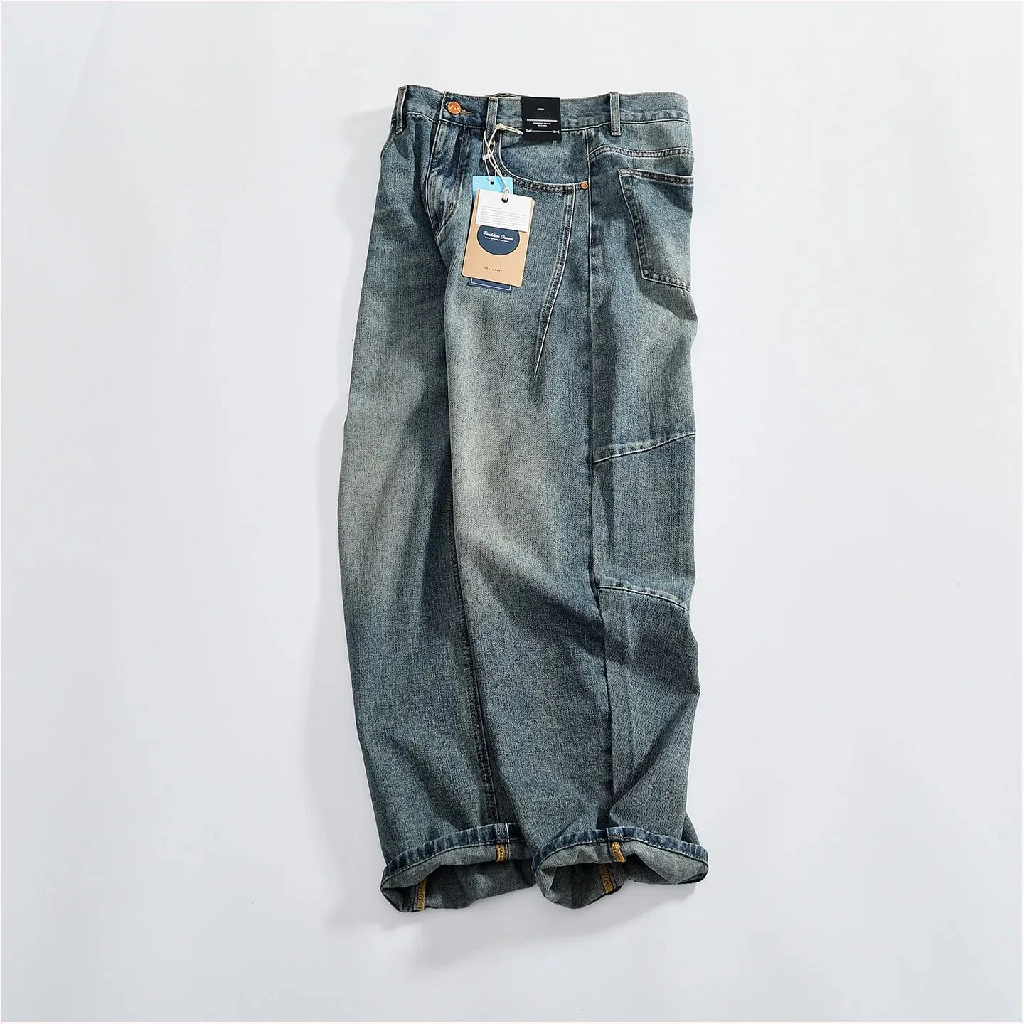 Retro distressed whiskering jeans for men three-dimensional split silhouette wide-leg loose denim trousers — image 8