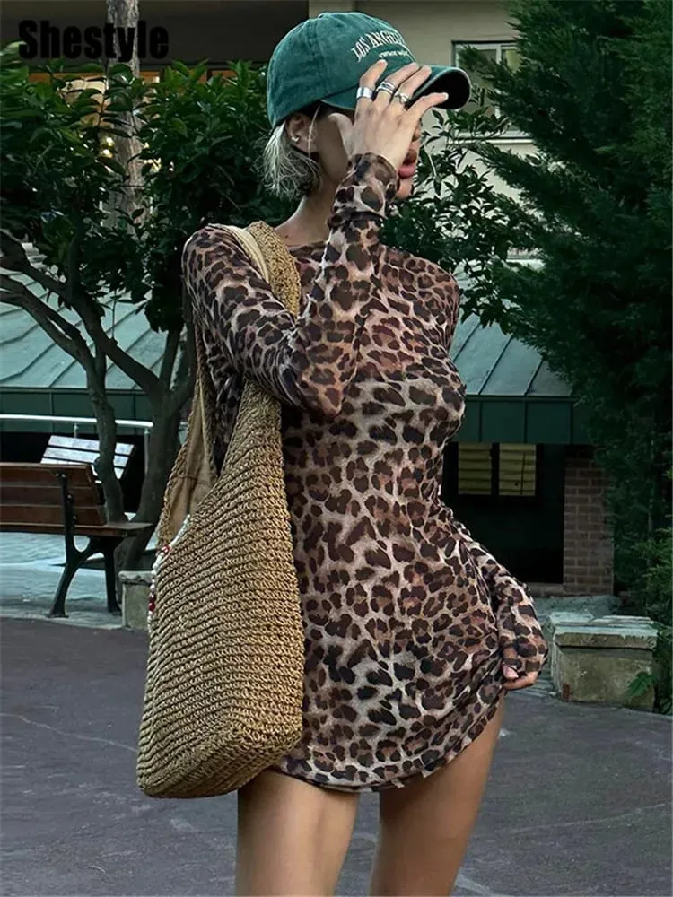 Shestyle – robe trapèze léopard Sexy pour femmes, ensemble deux pièces en maille transparente, mode extrêmement chaude, imprimé Animal de rue élégant — image 2