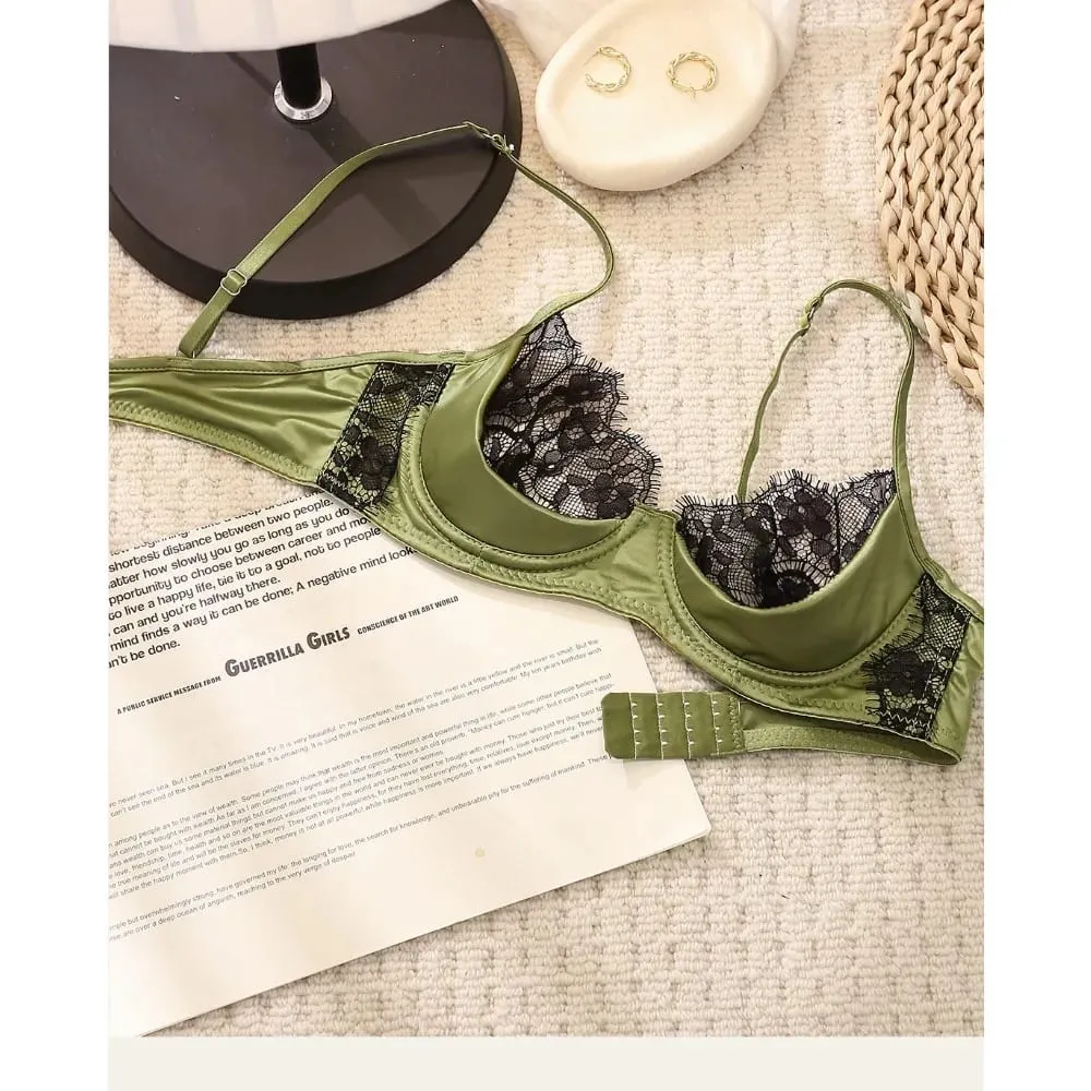 Half Cup Lingerie Set Women Green French Lace Ultra Thin Sheer Soft Comfortable Underwire Bra Small Bust 32‑38AB Set — image 5