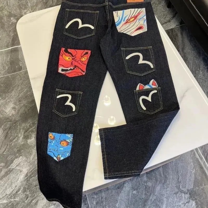 Mens Jeans Harajuku Fortune God Print Multi Pocket Denim Pants New Workwear Cargo Trousers Casual Streetwear Fashion Autumn New — image 4