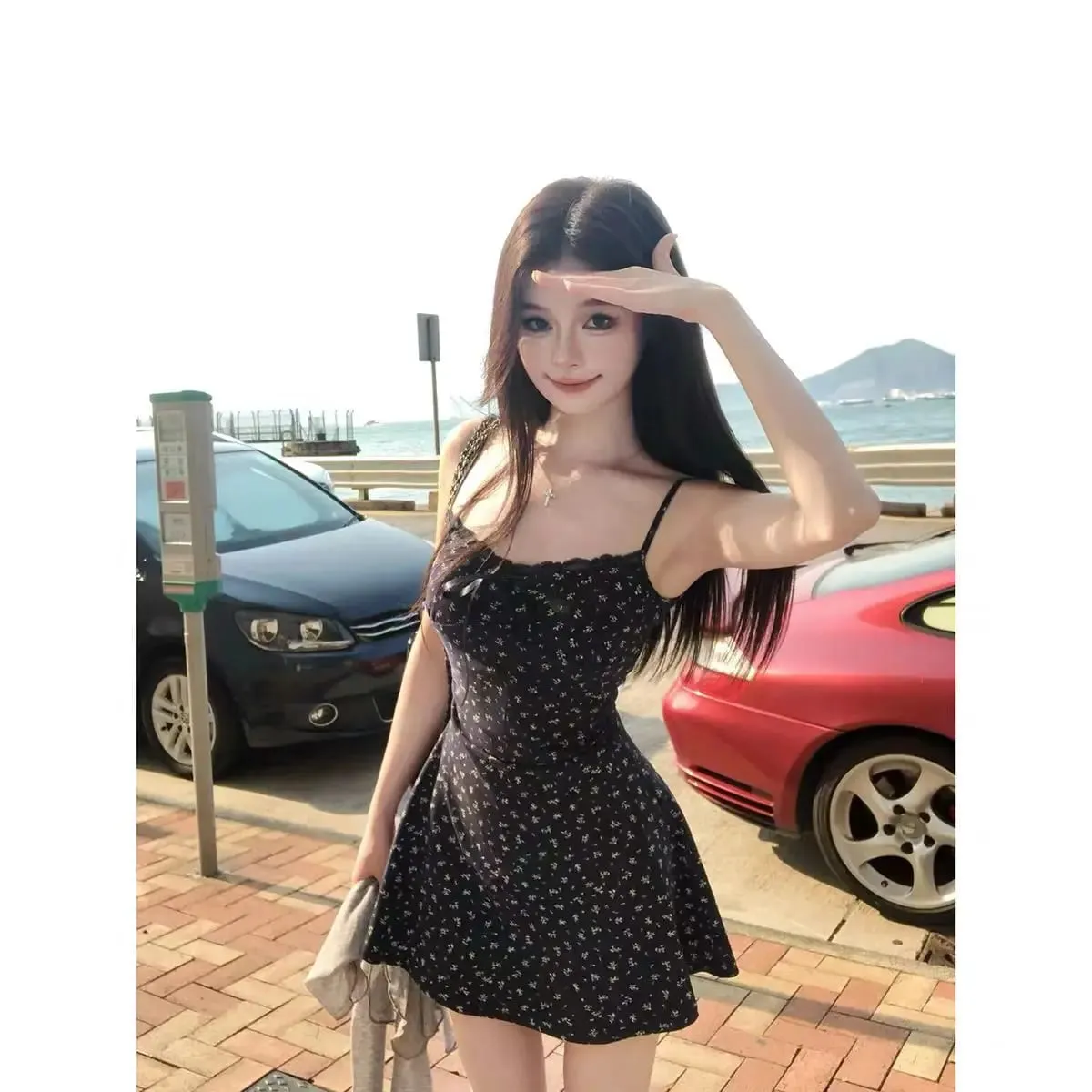 Blue Floral Print Halter Dress Women's Early Spring 2026 New Small Size Elegant Short Skirt Wrap around Skirt Three Quarter S... — image 4
