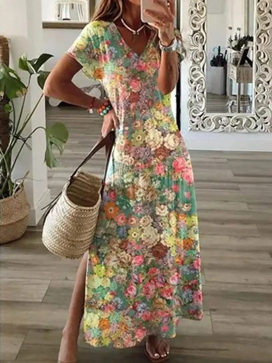 2026 Summer New Fashion Womens Colorful Floral Print V Neck Short Sleeve Maxi Dress Side Slit Summer Boho Loose Fit Long Dress — image 2