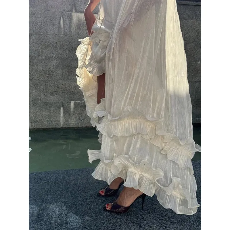 Women Solid Ruffle Maxi Dress Fashion Lapel High Waist V-neck Sleeveless Pleated Chic Dresses 2026 Summer Lady Evening Robes — image 3