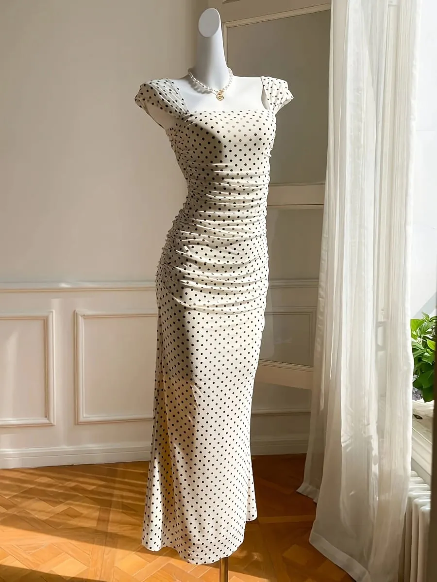 Elegant Lady Polka Dot Print Knitted Long Dress with Square Collar Tight Mermaid Skirt And Split Design for Women — image 4