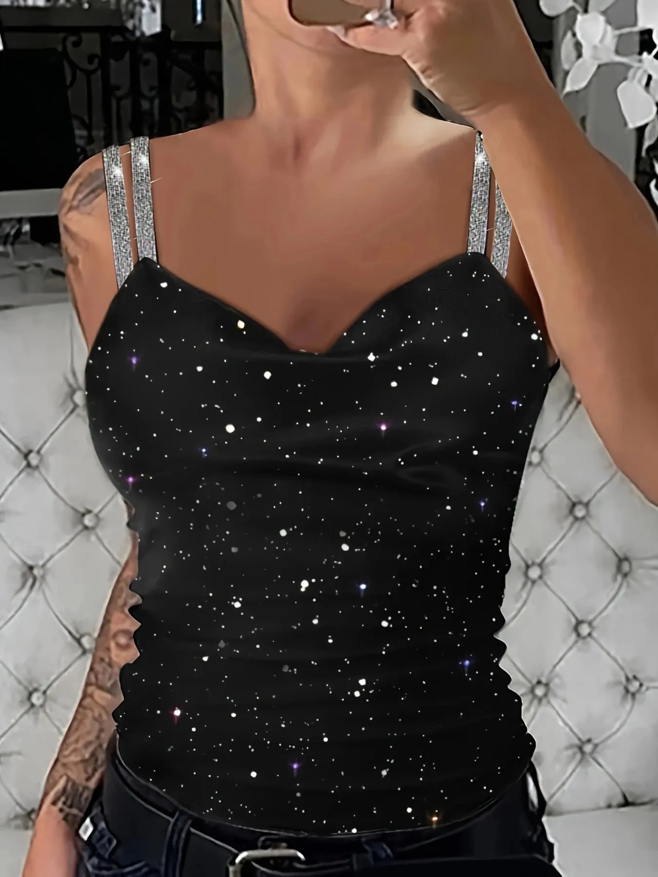 Women's Black Sparkly Glitter Cami Top Double Rhinestone Straps V-Neck Spring Summer Slim Fit Sexy Party Fashion Casual Tank Top