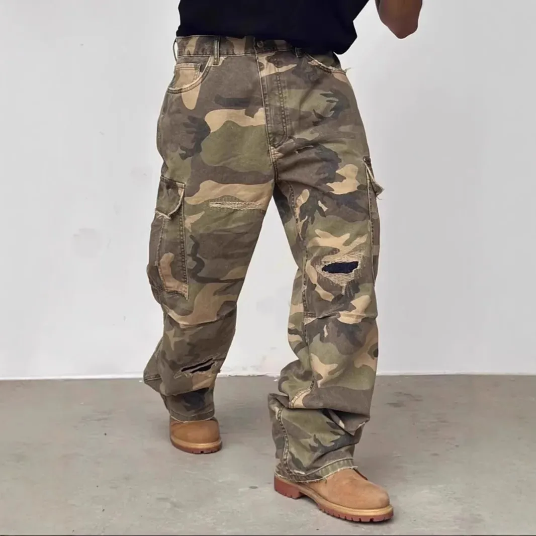 American Street Style Washed Camouflage Workwear Jeans Hole Straight Leg Spring Autumn Casual Cotton Trendy Long Pants — image 5