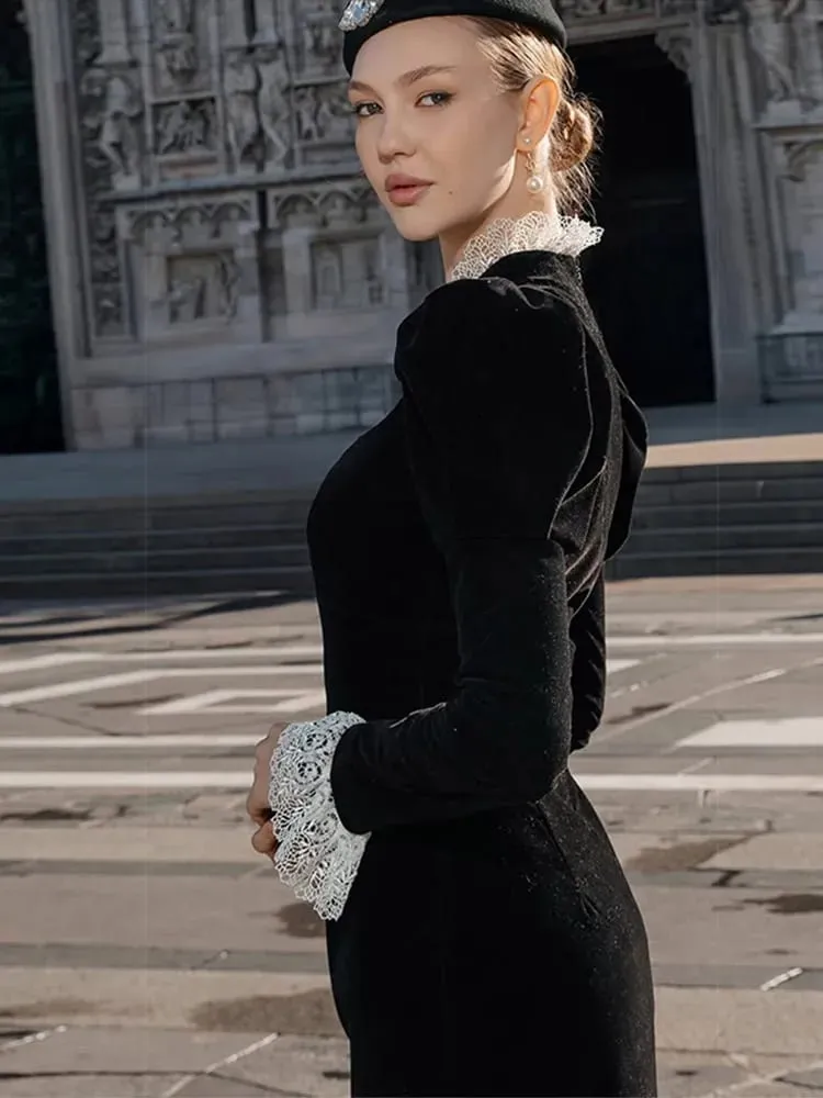 Full Sleeve Lace Patchwork Velvet Maxi Dress Women Elegant Stand Collar Puffed Slim Long Sexy Gowns Lady Evening Dinner Dresses — image 6
