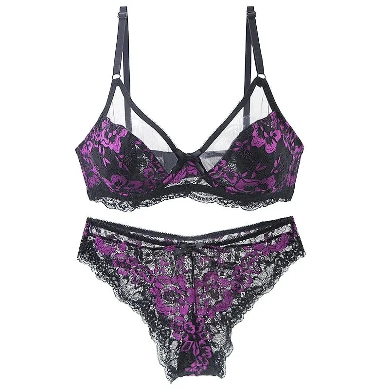 Ultra-Thin Thick Bra Sets 34/75 36/80 38/85 40/90 42/95 44/100 46/105 BCDE Cup Underwear Transparent Embroidery Lace Lingerie — image 2