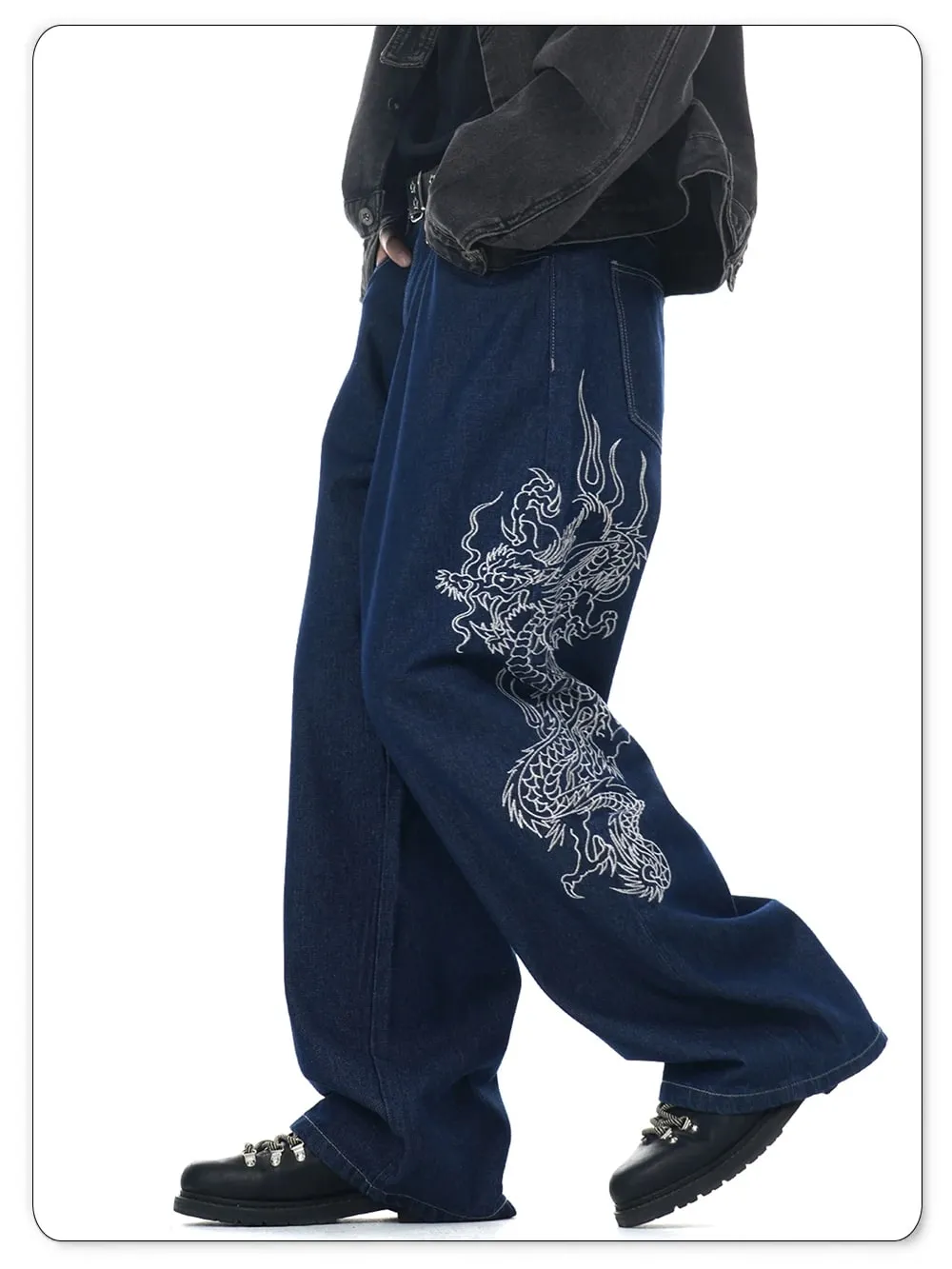 Neue Herren-Jeans mit weitem Bein, blau, Baggy-Drachen bestickt, Frühling und Sommer, klassisch, blau, Baggy-Jeans, gewaschen, Unisex-Kleidung