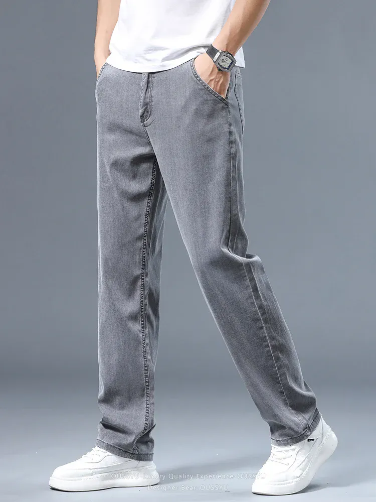 Summer Thin Men's Loose Straight Jeans Lyocell Soft Drape Business Casual Trousers Smoke Gray Ice Silk Pants Plus Size 40 42 — image 4