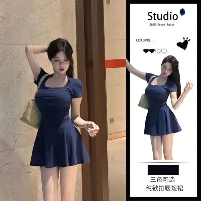 Summer Korean Style New Pure Desire Waist Trimming Slimming Fashion Temperament A Line Mini Dress For Petite Women Daily Wear Va — image 8