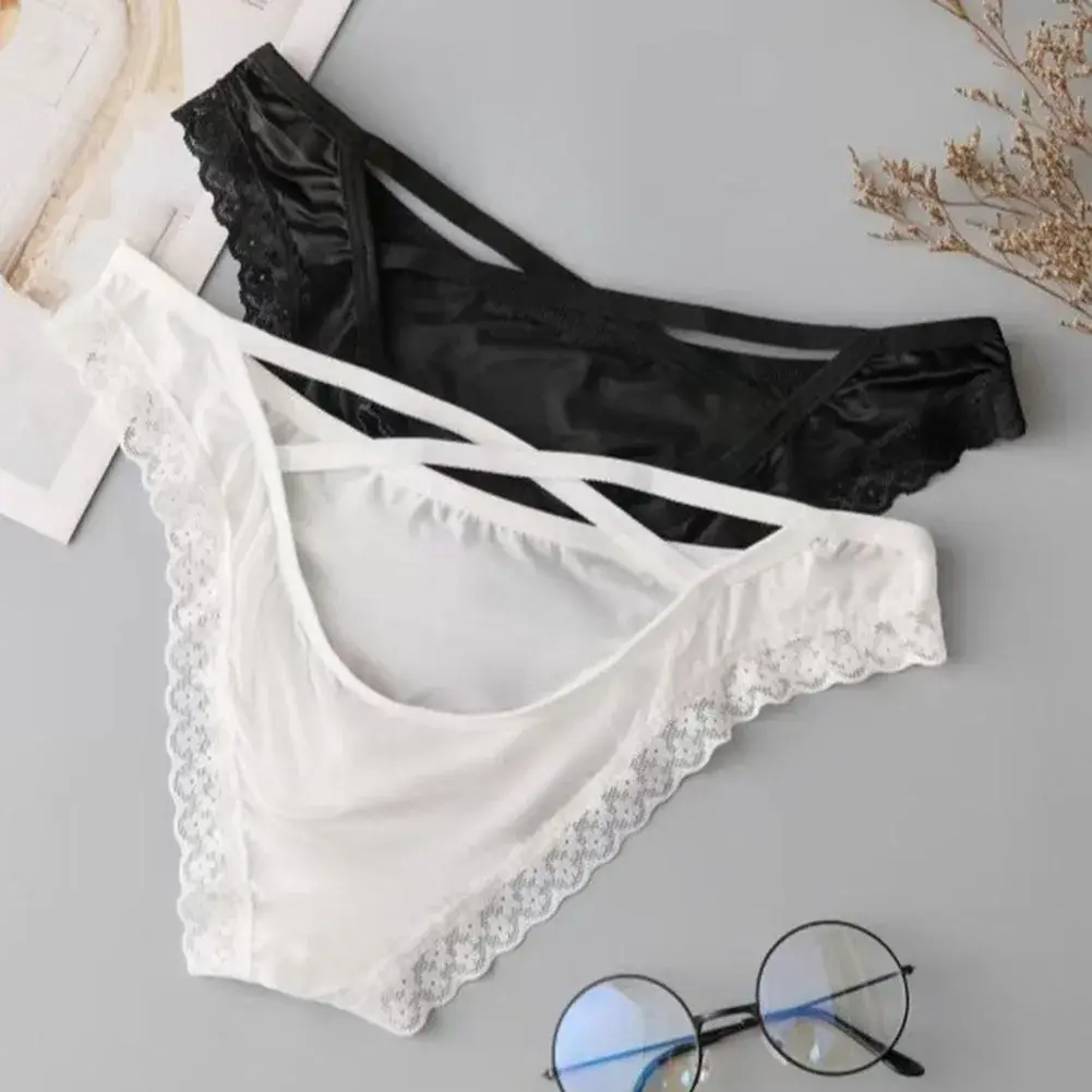 Men Side Strap Lace Briefs Silky Smooth Scalloped Floral Lace Low Waist Stretch Thin Underwear Sissy Panties — image 2