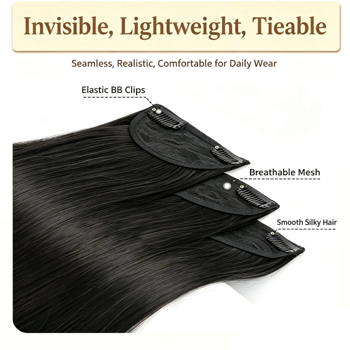 3 Pcs Black Synthetic Straight Hair Extensions Invisible Seamless Clip on Breathable Mesh Elastic BB Straight Hair Pieces — image 4