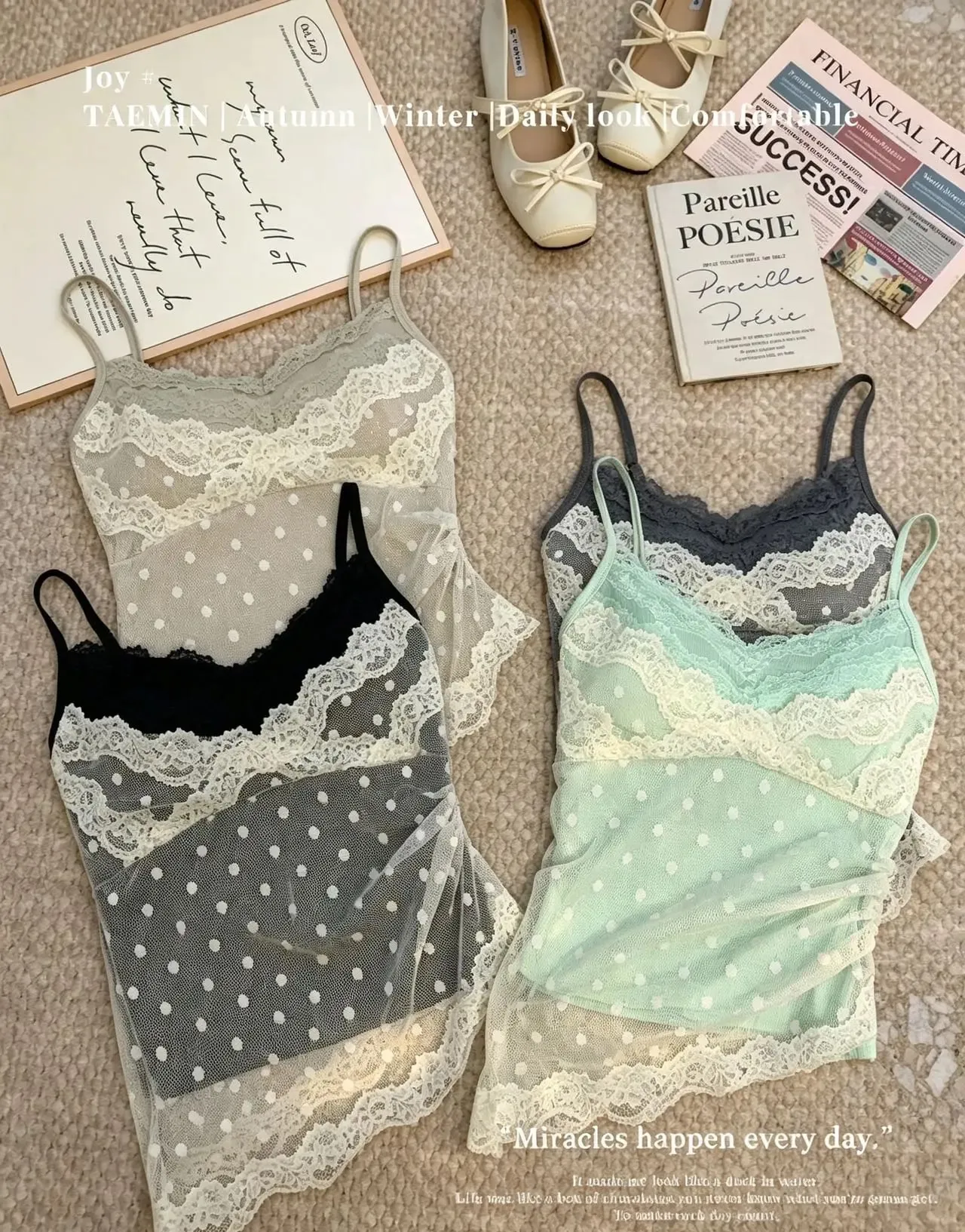 Women's Polka Dot Lace Spaghetti Strap Camisole with Pad Bust Adjustable Straps Side Lace Sexy Summer Daily Top A33079 — image 4