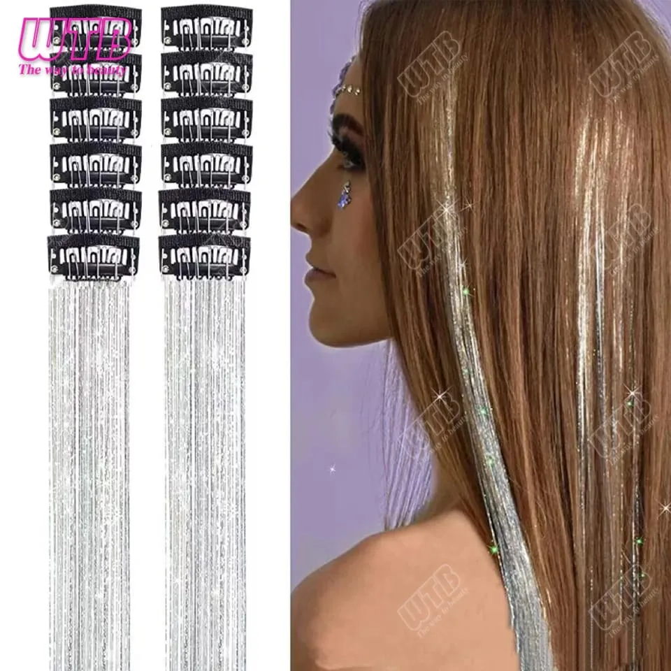 Tinsel Clip In 20Inch Glitter Tinsel Hair Extensions Clip In Hair Tinsel Kit Heat Resistant Shiny Sparkle Fairy Hair Accessories