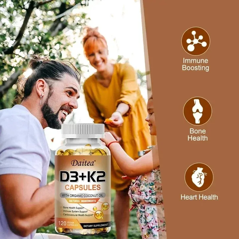 Cápsulas veganas de vitamina D3 K2 - Aceite de coco orgánico - Suplemento diario para un sistema inmunológico y huesos saludables Sin gluten ni soja