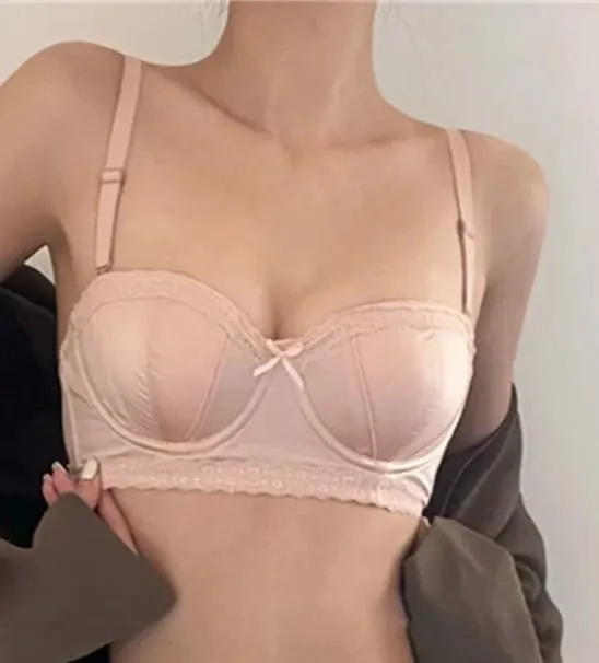 Hot Item French Inspired Minimizer Bra Women Satin Lace Thin Cup Soft Underwire Uplifting Centering Anti-Sagging Solid Comfort — image 14