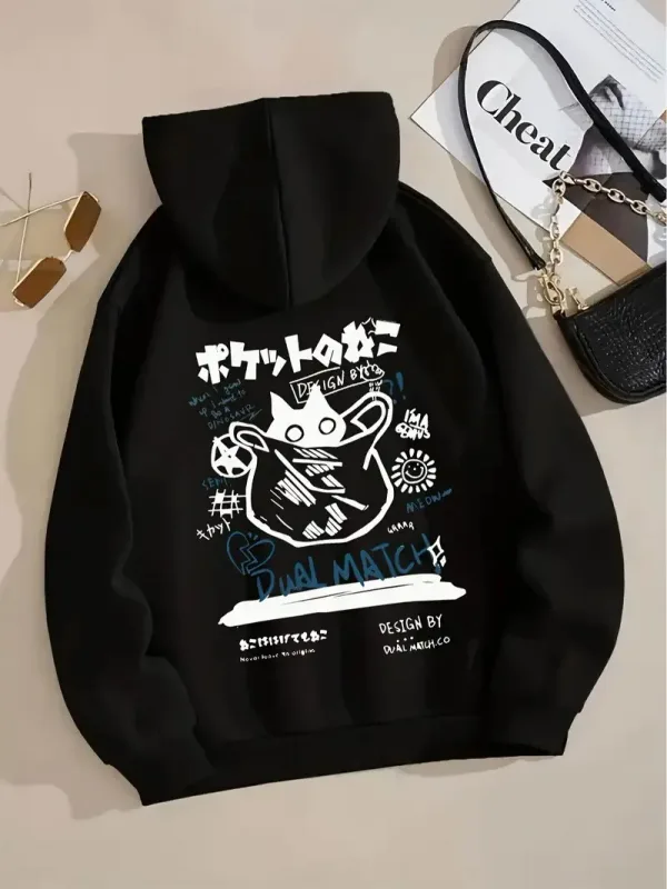 Japan Style Black Cat Hoodie Men Women Outdoor Street Casual Fashion Sport Cartoon Longsleeve Adult Autumn Winter Sweatshirt Top — image 9