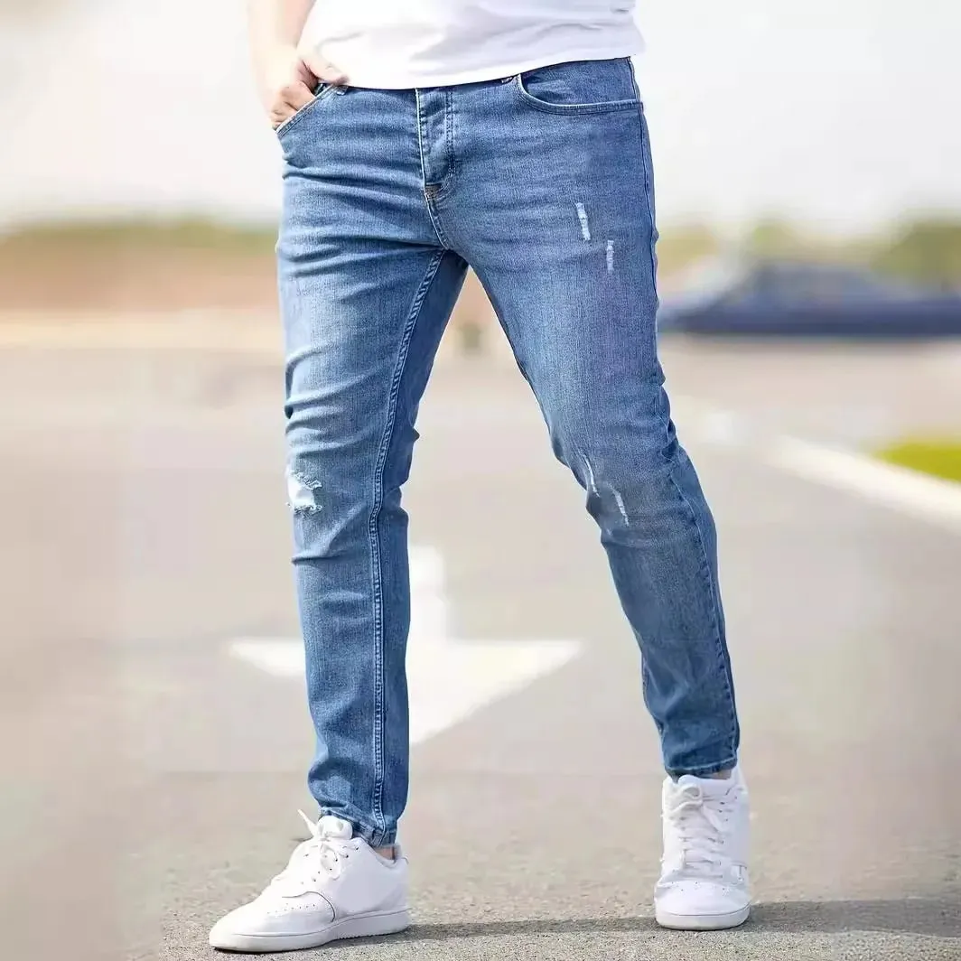 2026 New Fashion Men's Skinny Ripped Jeans Mid Waist Stretch Denim Pants Male's Slim Trousers with Pocket Casual Soft Streetwear — image 2