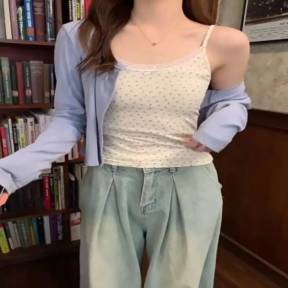 Sweet Floral Tops Lace Flower Print Camis Slim Y2K Short Tank Tops Elegant Camisole Sexy Vest Spring — image 5