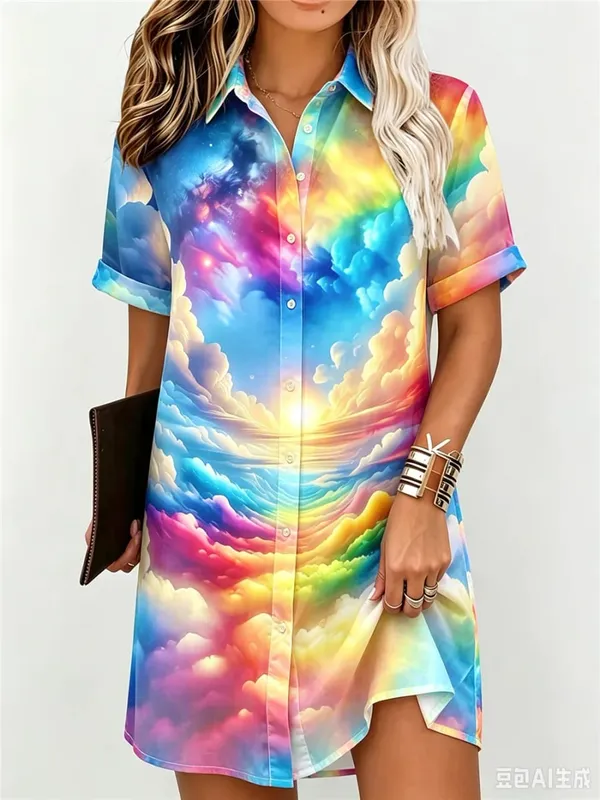Fashion Colorful Clouds Pattern Women Shirt Dresses Short Sleeve 3d Print Lady Street Blouse Dress Turn-Down Collar Casual Dress — image 1