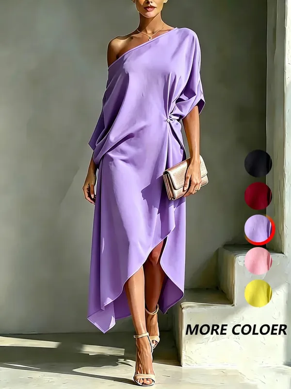 Elegant Off Shoulder Half Sleeve Dress Women Summer Batwing Sleeves Irregular Button Design Vintage Casual Holiday Beach Dresses — image 10